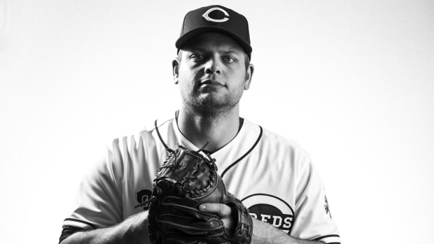 Feb 20, 2018; Goodyear, AZ, USA; (Editors note: Black and white photo) Cincinnati Reds catcher Devin Mesoraco (39) poses for a portrait during photo day at the Cincinnati Reds Player Development Complex. Mandatory Credit: Sam Greene/Cincinnati Enquirer via USA TODAY NETWORK